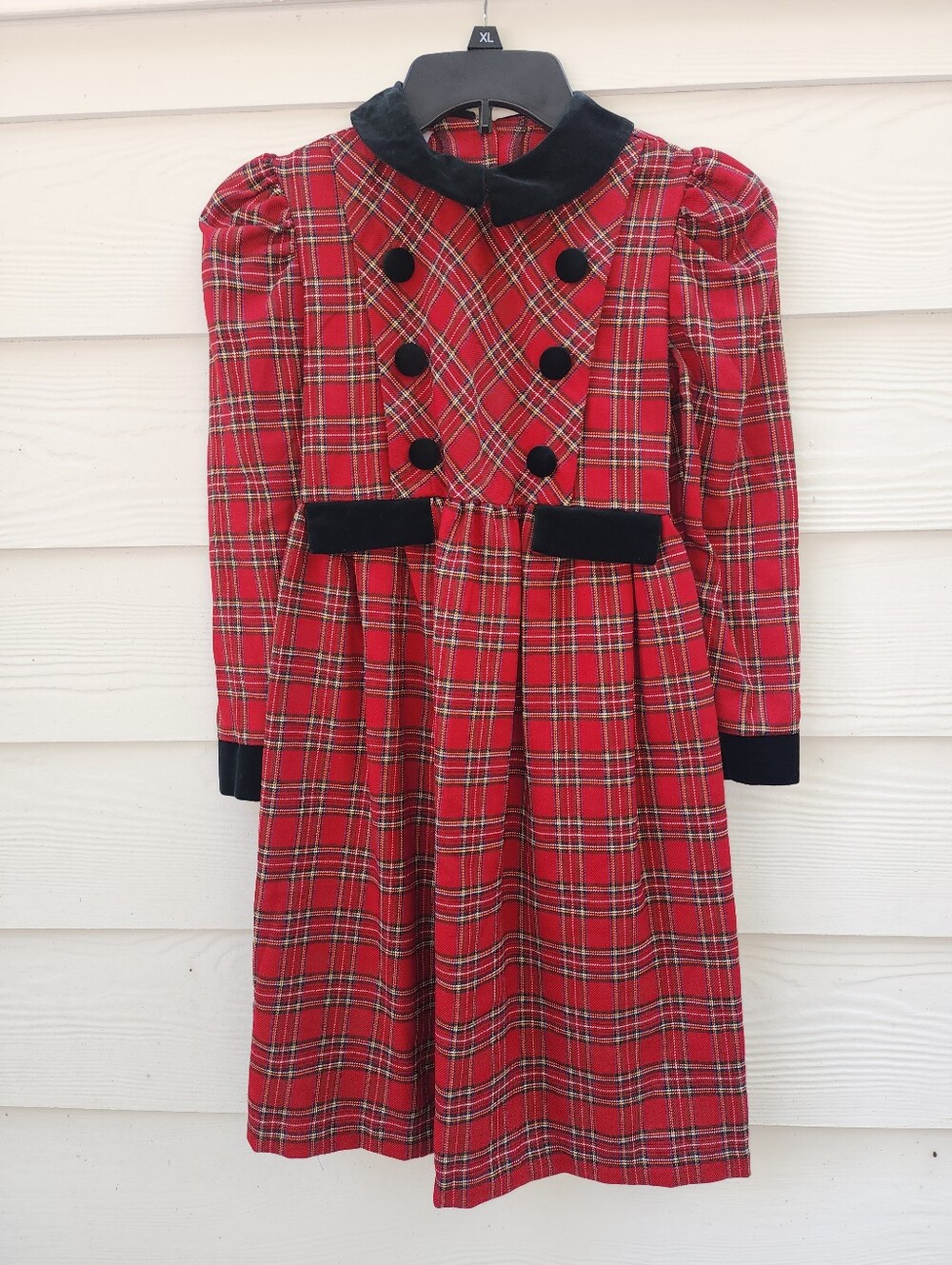 8 Girls' Red Plaid Double-Breasted Dress with Black Velvet Trim